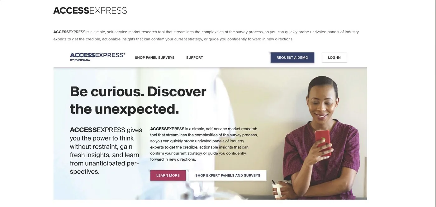 AccessExpress landing page introducing the self-service market research tool