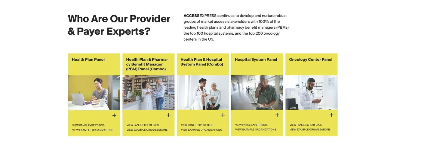 Panel selection screen showing Health Plan, PBM, Hospital System, and Oncology Center expert panels