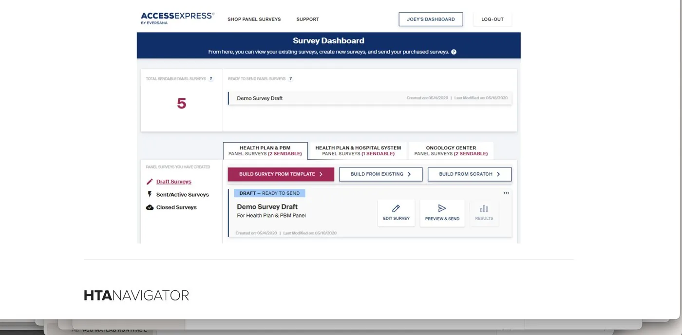 Survey dashboard showing sendable surveys, draft surveys, and options to build a survey from a template