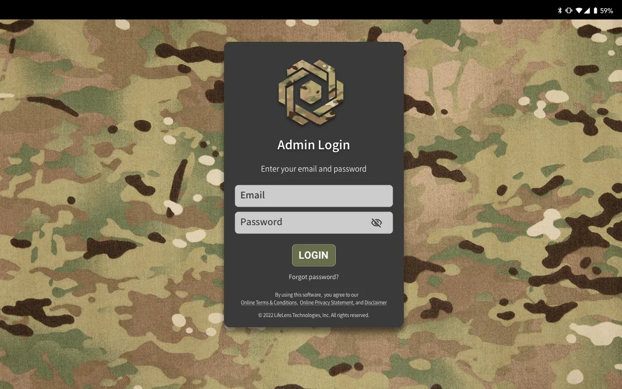 ASCENT admin login screen over a camouflage background