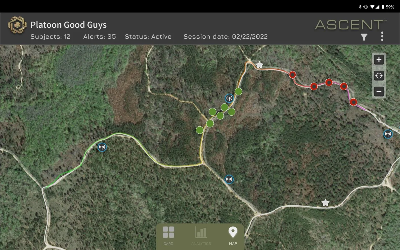 Live map view of a platoon's route over satellite terrain, with color-coded alert markers along the path