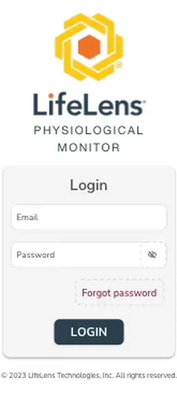 LifeLens Physiological Monitor login screen with email and password fields