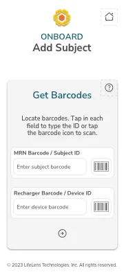 Add Subject screen for scanning MRN and device barcodes