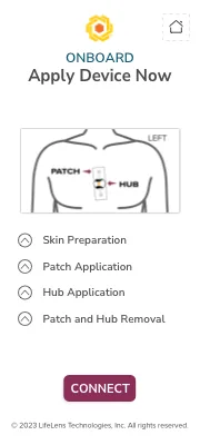 Apply Device Now screen with step-by-step skin preparation and patch application instructions