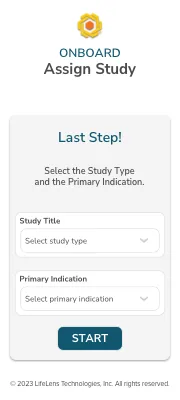Assign Study screen for selecting study type and primary indication