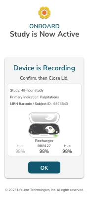 Study is Now Active confirmation screen showing device recording status and battery levels