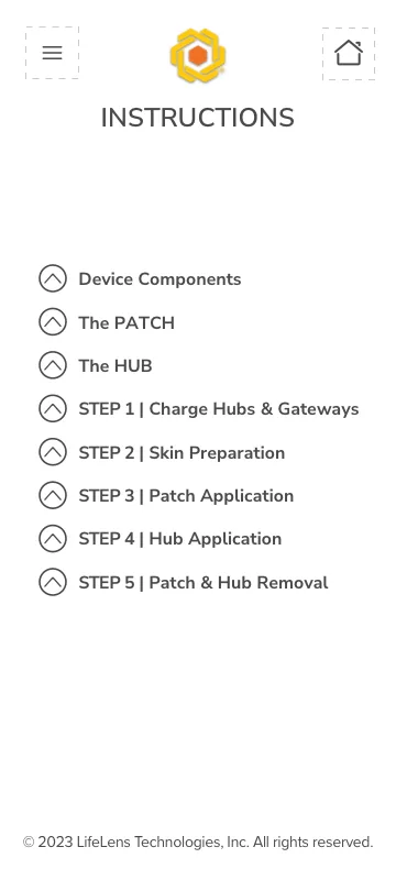 Instructions screen listing device components and setup steps as an in-app reference