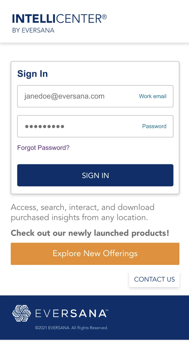 INTELLICenter sign-in screen with email and password fields, and a call to action to explore new product offerings
