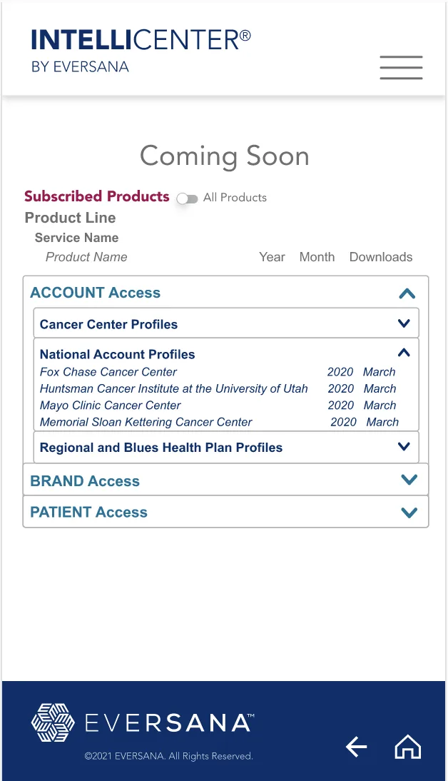 Coming Soon screen showing upcoming product releases organized by account type