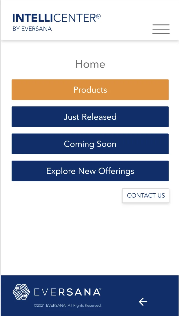 Home screen with navigation to Products, Just Released, Coming Soon, and Explore New Offerings