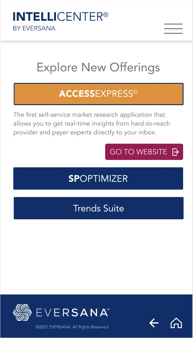 Explore New Offerings screen highlighting related products including AccessExpress, SPOptimizer, and Trends Suite