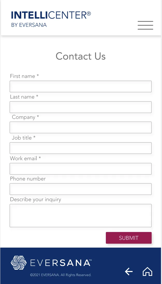 Contact form with fields for name, company, job title, work email, and inquiry