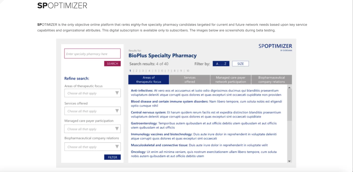 Early SPOptimizer beta screen with a simple search field and a single therapeutic-focus results list