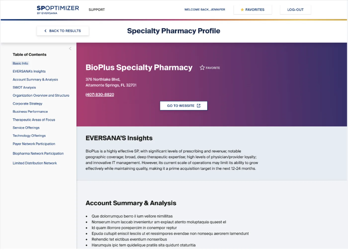 Refined specialty pharmacy profile page with EVERSANA's Insights, account summary, and organized therapeutic and service data