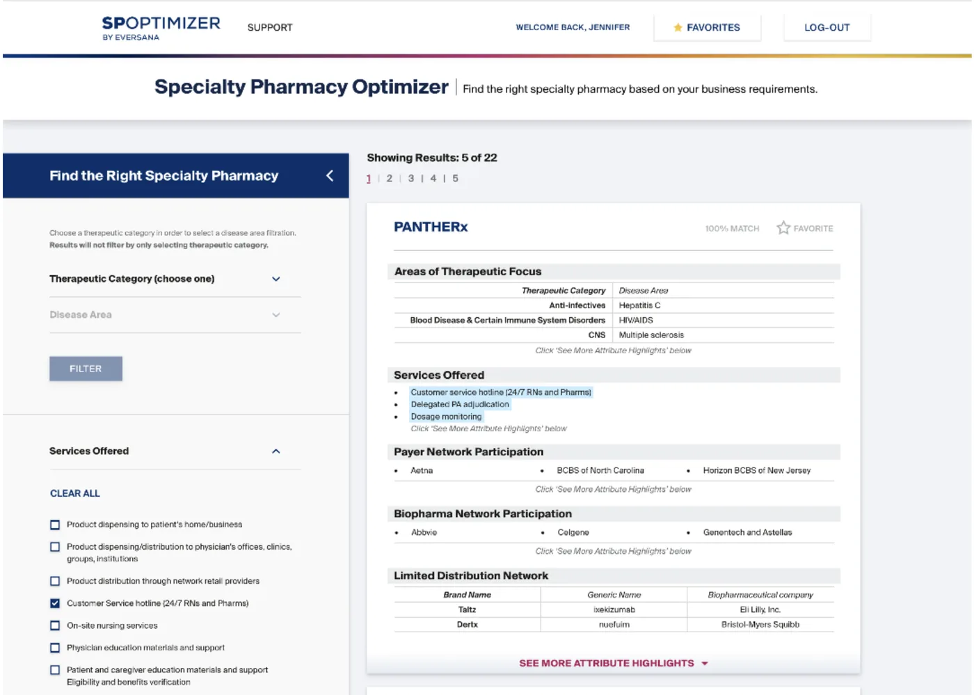 Refined Specialty Pharmacy Optimizer screen with a structured filter sidebar and match-scored results
